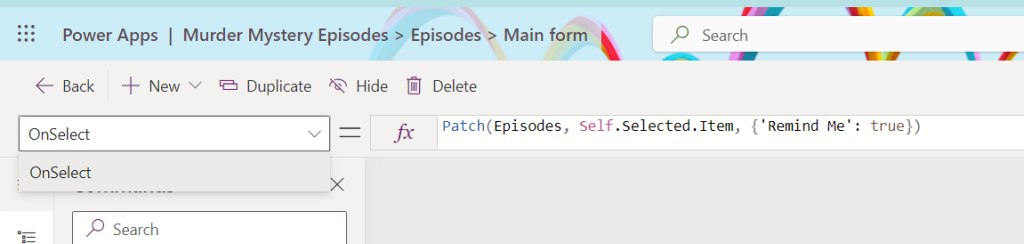 Screenshot with OnSelect shown and the fx expression 'Patch(Episodes, Self.Selected.Item, {'Remind Me': true})