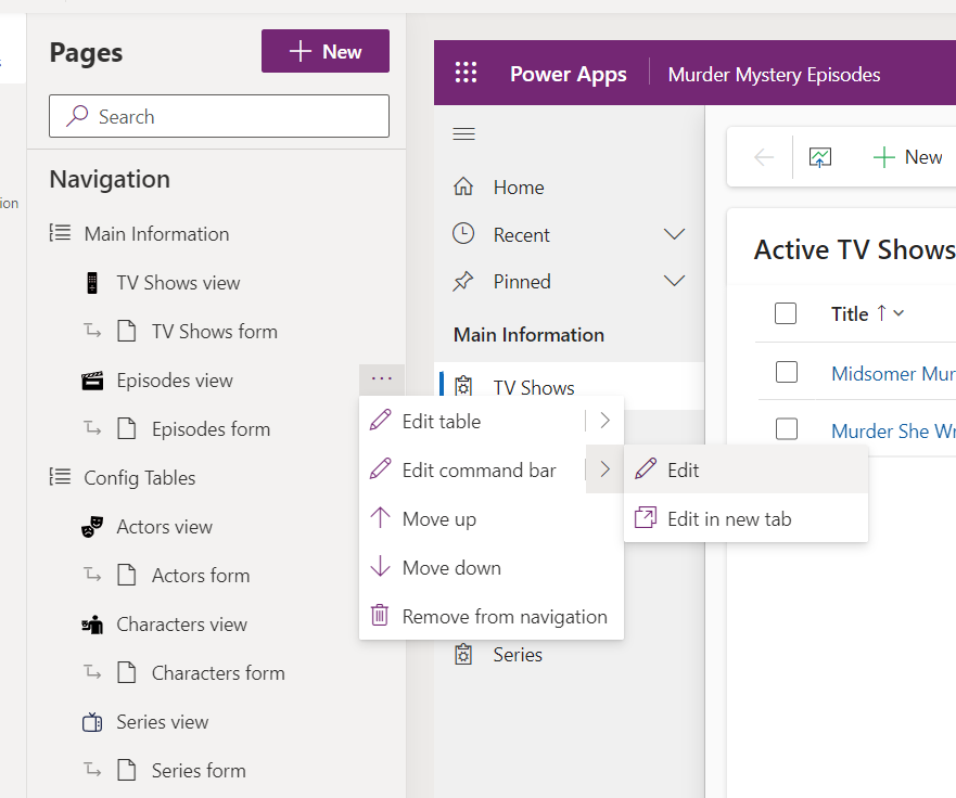 Screenshot showing the 3 ellipses selected next to 'Episodes view' in the site map editor, with Edit command bar -> Edit selected.