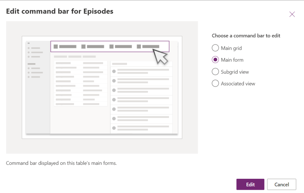 Screenshot for the Command Bar editor dialog