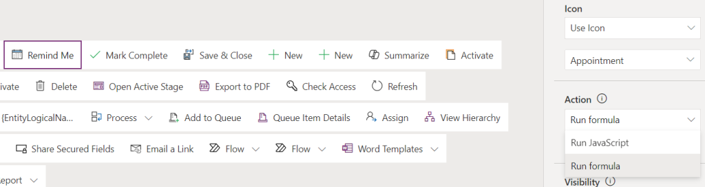 Screenshot of command bar editor with a button called Remind Me shown. 