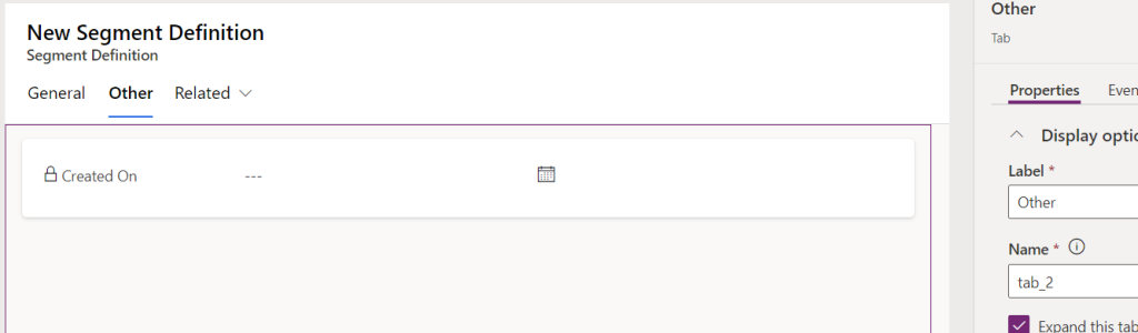 Screenshot of form editor with a tab called Other and Created On added to the form.