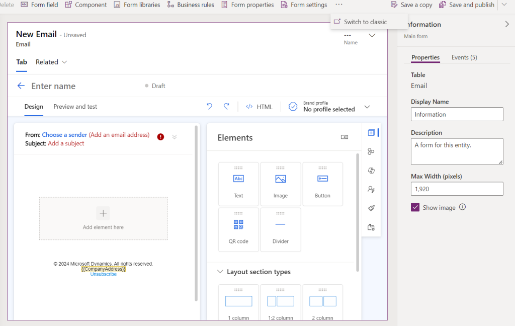 Screenshot of the Email editor form, with the 'Switch to classic' menu item showing
