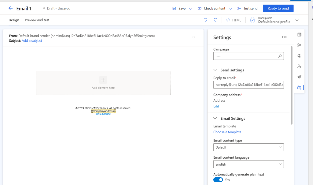 Screenshot of the Email editor form with Campaign column in the settings area.