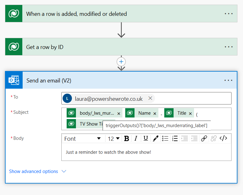 Screenshot of a Send an Email (V2) action.  It shows the Expression triggerOutputs()?['body/_lws_murderrating_label']