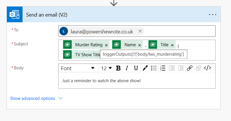 Send an email (V2) action, showing the Murder Rating field