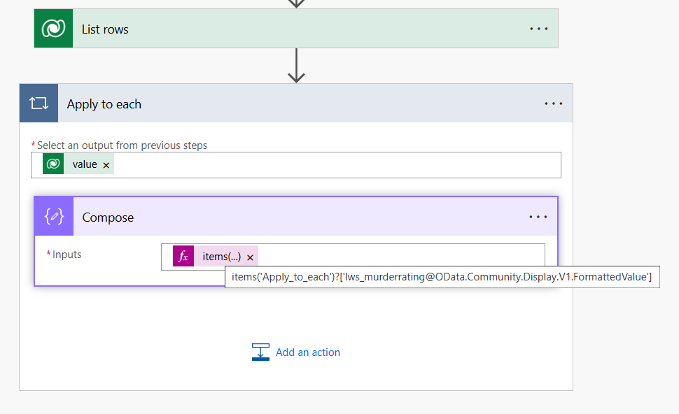 Screenshot of a Compose action in an 'Apply to each' under a List rows action.  The Expression of Compose is items('Apply_to_each')?['lws_murderrating@OData.Community.Display.V1.FormattedValue']