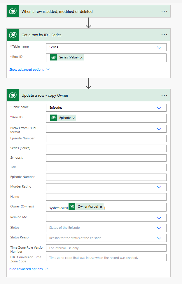Screenshot of part of a power automate flow showing systemusers(Owner (Value)) in the Owner column