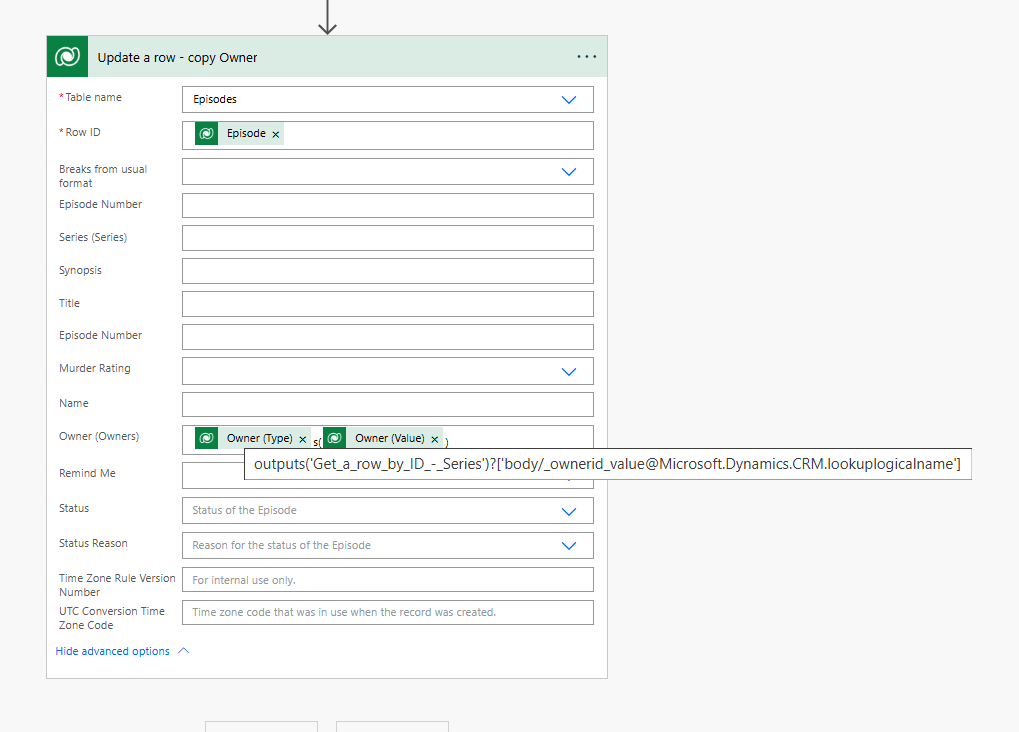 Screenshot with updated flow action, with Owner (Type)s(Owner (Value))